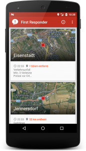 So kennen wir die App: in der Übersicht werden aktuelle Notfälle mit einer Minikarte dargestellt.